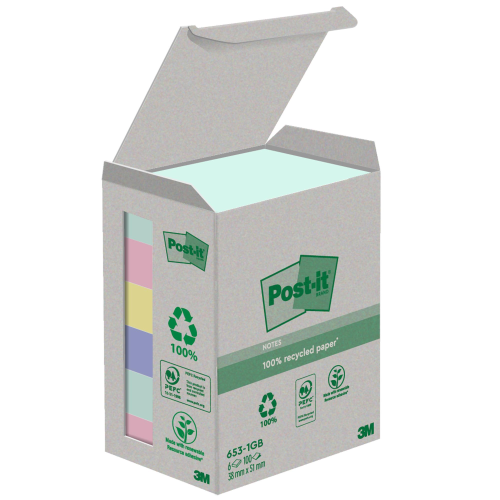 Blocco Post-it in carta riciclata - 653-1GB - 38 x 51 mm - natural - 100 fogli - Post-it - conf. 6 pezzi
